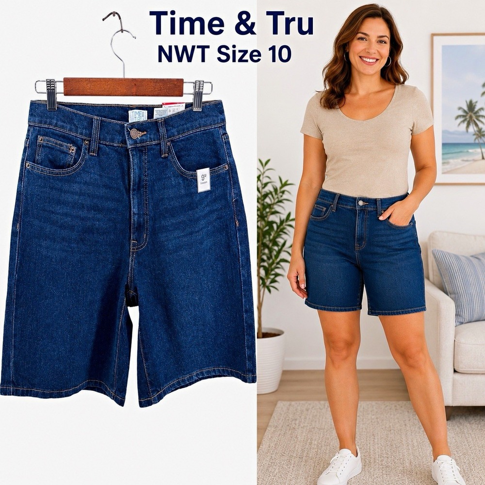 Time and Tru Denim Bermuda Shorts Women's 10 High Rise Blue 9" Inseam NWT